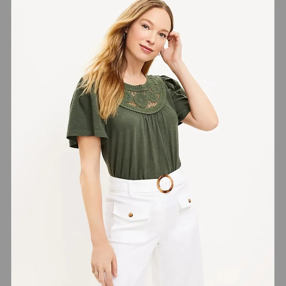 NWT LOFT Crochet Yoke Flutter Sleeve Top M - Picture 1 of 6